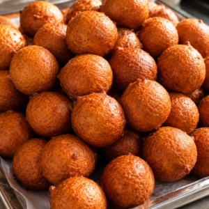 Freshly fried Nigerian puff puff arranged on a tray, featuring a golden, crispy exterior and soft, fluffy interior.