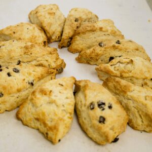 A tray of golden yellow scones with chocolate chops and raisins